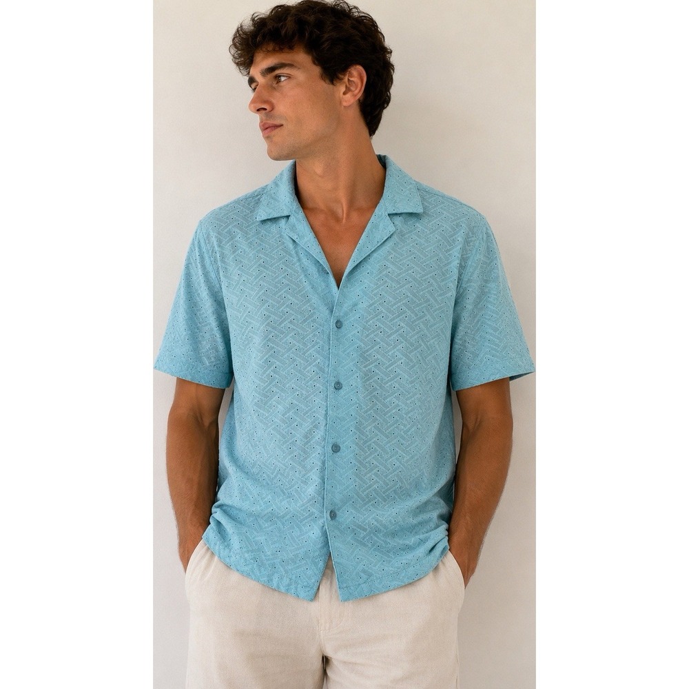 Topman Blue Geometric Print Cotton Short Sleeve Button-Up Spread Collar M